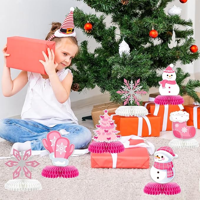 9Pcs Winter Wonderland Decorations 3D Snowflake Honeycomb Table Centerpieces for Frozen Winter Blue White Theme Christmas Baby Shower Birthday Party Supplies (Snowman Pink)