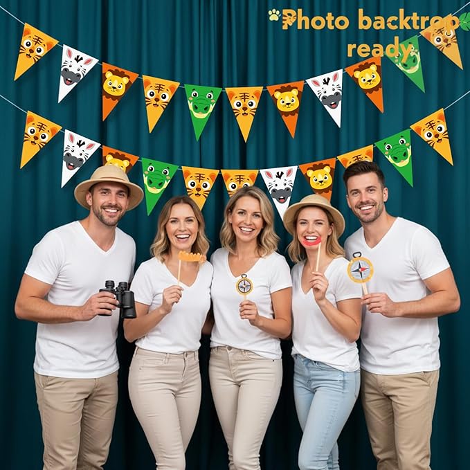HESTYA 5 Pcs 49 Ft Safari Party Decorations Pennant Banner, Pre-Assembled Animal Print Jungle Theme Birthday Supplies, Large Triangle Flag Bunting Garland for Baby Shower Indoor Outdoor Hanging