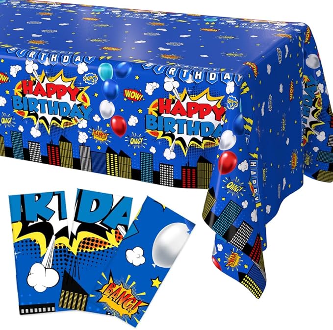 3 Pieces Blue Superhero Birthday Tablecloth for Boy or Girl Super Hero Birthday Party Decorations Supplies Blue Superhero Plastic Table Cloth Disposable Table Covers 108 x 54 Inch