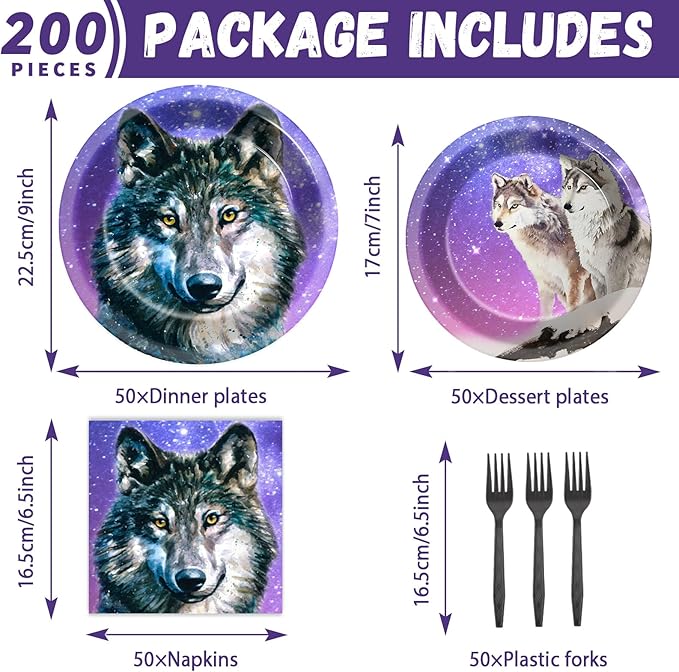 50 Guests Wolf Plates and Napkins Party Supplies Wolf Birthday Party Decorations Disposable Tableware Set Galaxy Animal Themed Dinnerware Favor for Kids Baby Shower Decorations, 200PCS