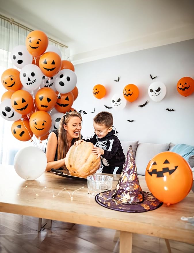 Halloween Balloons - 60Pcs Ghost Balloons Scary Pumpkin Balloon 12 Inches Orange and White Latex Balloon 6 Styles for Halloween Birthday Spooky Theme Party Decorations
