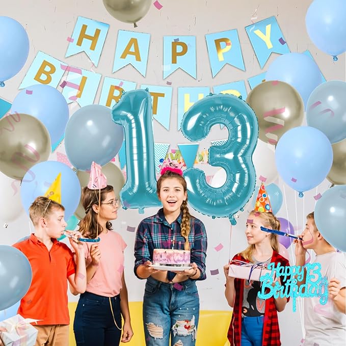 13th Birthday Decorations, Blue Happy Birthday Party Decorations With Teal Blue Number 13 Balloons Dusty Macaron Blue White Balloons Fringe Curtain Banner Cake Topper For Boy Girl Party Supplies