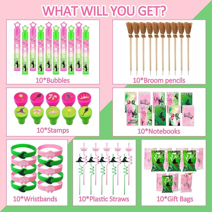 Pink and Green Party Favor Decorations 70Pcs Bubbles Notebooks Stamps Broom Pencils Plastic Straws Goodie Bags Wristbands for Birthday Theme Decor Gift Supplies
