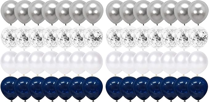 Navy Blue and Silver Confetti Balloons 50 pcs, 12 inch White Pearl and Silver Metallic Chrome Party Balloons for 2026 Graduation Party Decorations (Pack of 2)
