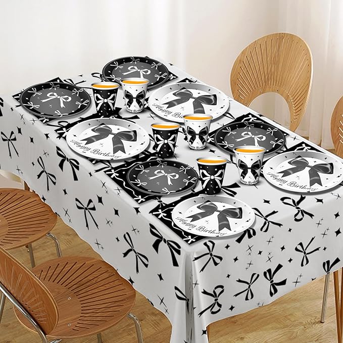 Black Bow Birthday Party Supplies Girl Coquette Birthday Party Decorations Includes Black Bow Plates Napkins Cups Tablecloth Banner for Bow Theme Party Decorations, Serve 24