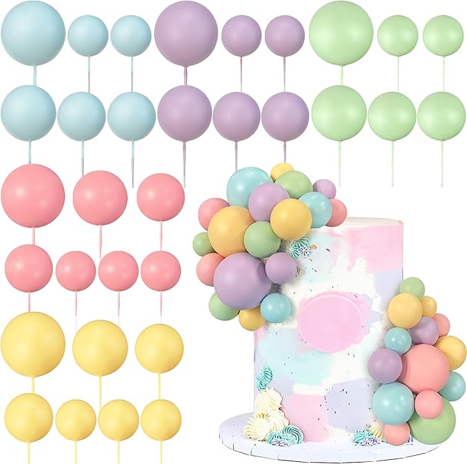 32 PCS Colorful Ball Shaped Cake Topper Pearl Balls Cupcake Cake Insert Topper for Birthday Party Wedding Decoration Supplies (Pink Yellow Blue Purple Green)
