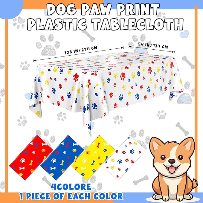 4 Pack Puppy Dog Pet Paw Print Plastic Tablecloth 54 x 108 Inches Dark Blue Yellow Red Table Cover Paw Print Disposable Rectangle Table Cover for Pet Blue Dog Birthday Party Supplies