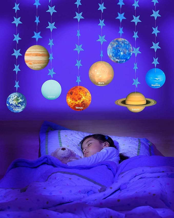 Solar System Decoration Banner, Eight Planet Garland with Blue Shimmer Star, Premium Paper Galaxy Outer Space Garland for Kids Bedroom Decor, Astronaut Birthday Party Supplies, SONGTIY