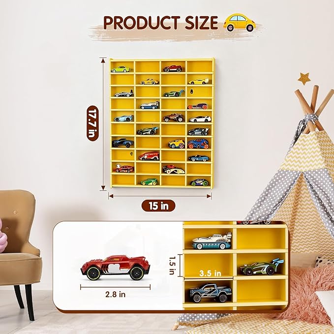 Toy Car Display Shelf, Holds 40 Diecast 1/64 Toys Car, Wall Mount Model Cars Storage Organize Case (Yellow 1/64 Toy Car Display Shelf)