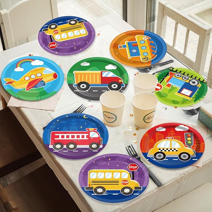48PCS Transportation Paper Plates Car Birthday Decorations Construction Tableware 7 Inch Train Vehicle Fire Truck Airplane Traffic Dessert Dinnerware for Kids Baby Shower Party Supplies Favors
