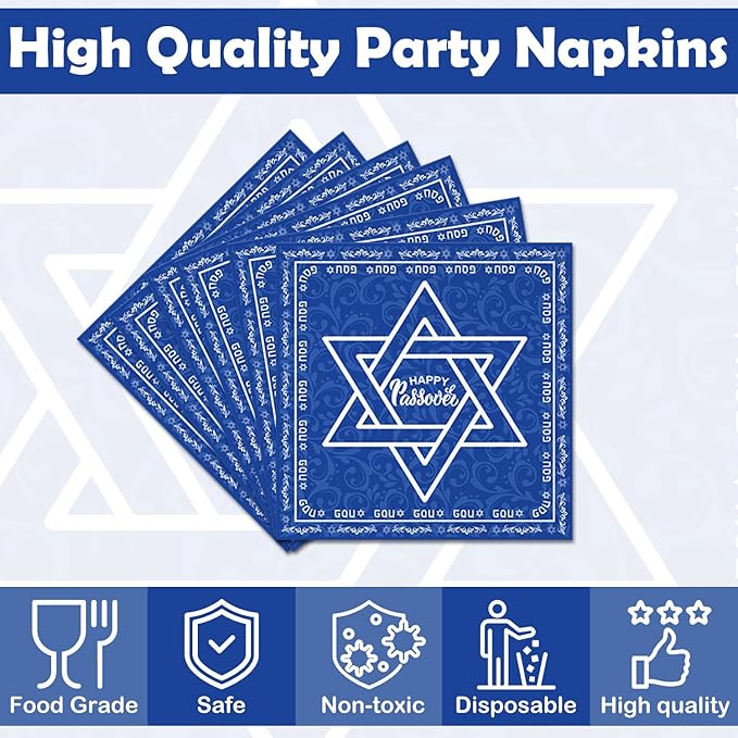 50Pcs Happy Passover Party Napkins Passover Seder Party Decorations Judaica Passover Theme Party Supplies Disposable Drink Luncheon Dinner Table Decor Supplies Napkins 6.5" x 6.5"