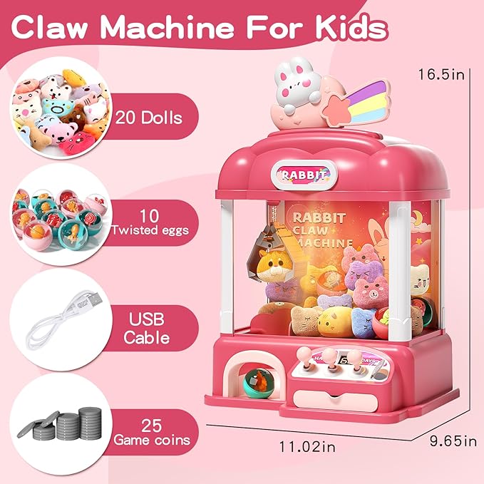 Large Kids Claw Machine, 16.5 * 11 * 9.6in Electronic Claw Game Machine for Party Birthdays with Lights Sound, Candy Vending Grabber, Prize Dispenser Toys for Girls and Boys