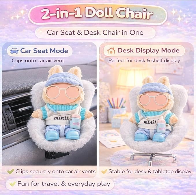 17cm Doll Car Seat and Clothes Set (No Dolls), Includes Doll Seat and 2-Pack Doll Clothes, Perfect for Play and Display, Doll Outfit Accessories for Collectors