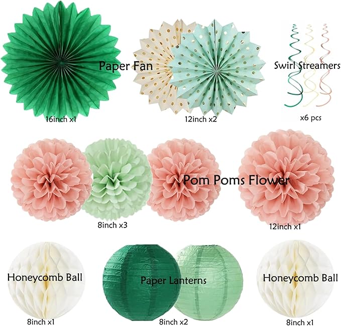 Sage Green Pink Birthday Decorations - 62pcs Happy Birthday Banner, Olive Retro Beige Paper Lanterns Pom Poms, Green Pink Balloons , Neutral Streamers Garland, Birthday Decorations for Women Girl Boys