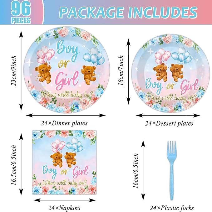 96 Pieces Bear Gender Reveal Theme Tableware Set for Gender Reveal Party Table Decor Supplies Boy or Girl Dessert Plates Napkins Forks for 24 Guests Pink Blue Bear Baby Shower Disposable Party Favors