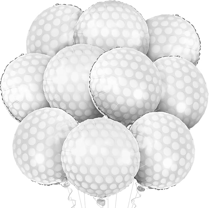 KatchOn, White Foil Golf Balloons - 18 Inch, Pack of 10 | Golf Balloons for Golf Themed Party Decorations, Foil Mylar Golf Ball Balloons For Birthday, Golf Ball Party Balloons for Hole in One Decor