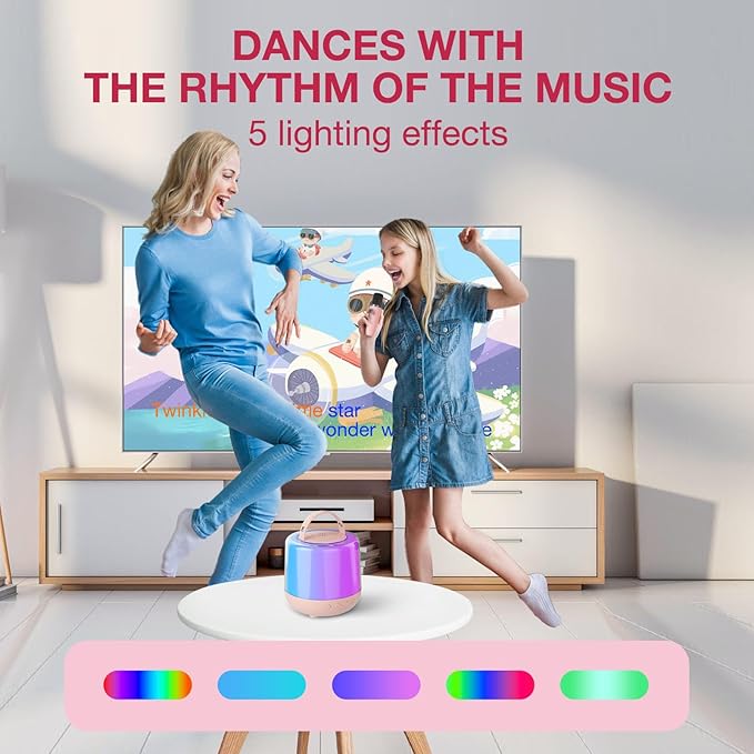 Karaoke Machine for Kids, Portable Bluetooth Speaker with Wireless Microphone & RGB Lights, Magic Voice Effects for 3-12+ Girls Christmas Home Party (Pink)