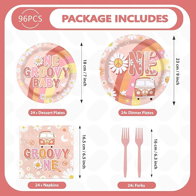 96Pcs Groovy One Birthday Party Decorations Boho Groovy 1st Birthday Plates and Napkins Tableware Set Daisy Flower Rainbow Boho Decorations for 1 Year Old Baby Shower Gender Reveal Supplies Serves 24