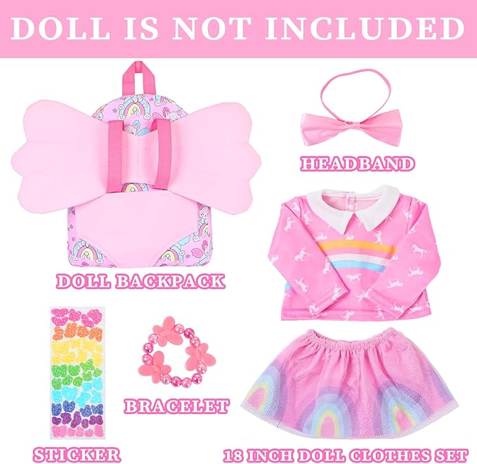Ecore Fun 18 Inch Doll Backpack Carrier Set, 6PCS Doll Clothes & Fashion Accessories with Pink Backpack Carrier Bag, Headband, Bracelet, Outfit & Stickers