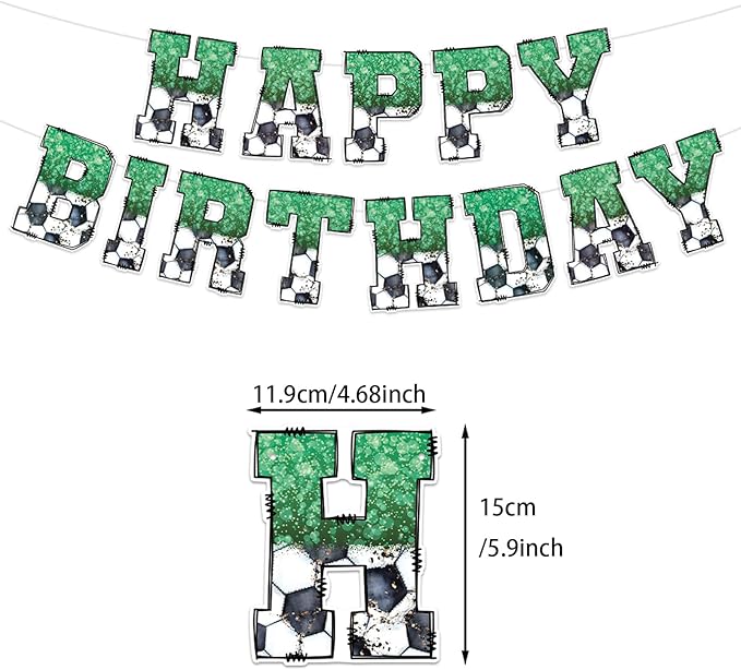 Zwiebeco Black Green White Football Happy Birthday Banner Bunting Hanging Paper Swirls Garland Party Decorations for Boys Girls Kids Adults Soccer Sports Themed Bday Decor Accessories Supplies