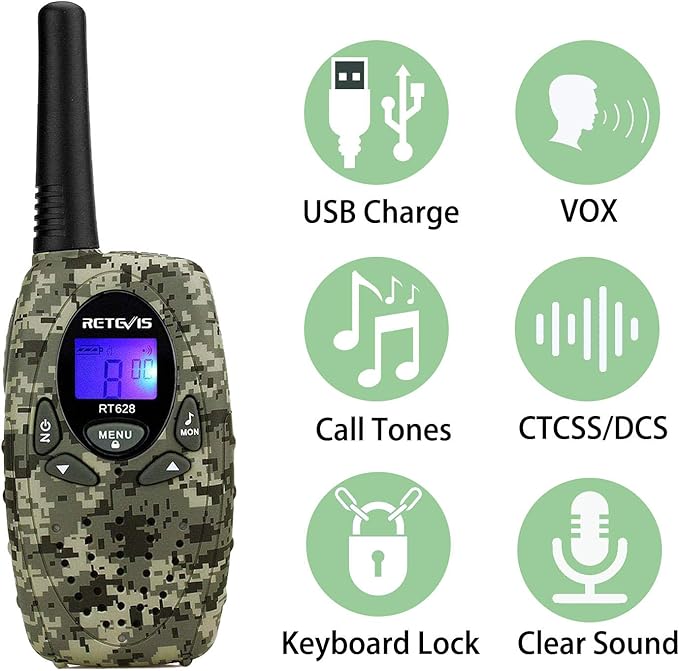 Retevis RT628 Kids Walkie Talkies Rechargeable, Army Toys for Boys Age 6 8-12, 22CH VOX 2 Way Radio Walkie Talkie for Christmas Birthday Gifts Outdoor Scavenger Game Camping(Camouflage, 2 Pack)