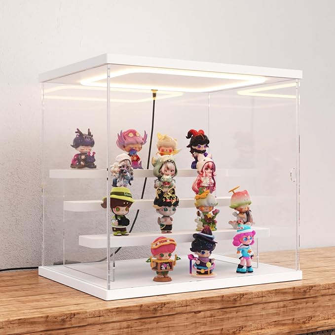 Nynelly Acrylic Lighted Display Case for Collectibles, 4 Tier Figure Display Box with Door and Steps, Assemble Dustproof LED Showcase Storage Box for Mini Figures, Funko Pop, Toys, White