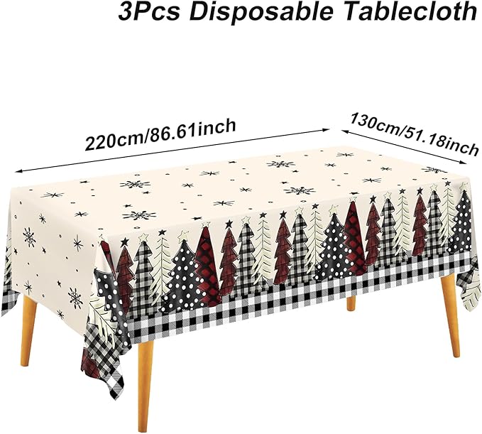 3PCS Christmas Tablecloth, Black Buffalo Plaid Plastic Tablecloths for Rectangular Tables, Winter Christmas Tree and Snowflake Disposable Table Cover for Party Picnic Dinner Decor, 51.2x 86.6inch