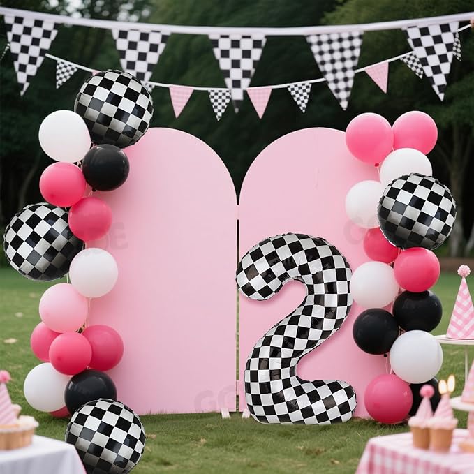 Race Car Balloon Bundle Pink Black 40 Inch Checkered Number Balloon 2 Black and White Race Car Latex Balloon Girls Two Fast Race Car 2nd Birthday Race Car Theme Party Decor Supplies 21 Pcs Kit