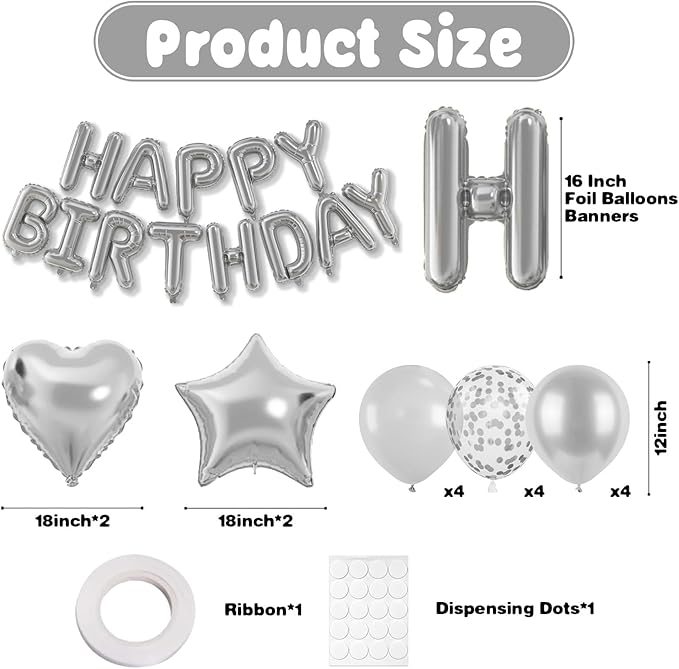 29PC Silver Happy Birthday Balloon Banner, 16 Inch 3D Aluminum Letter Banner Sign, Metallic Silver Pearl Latex Balloons 18 Inch Star Heart Foil Balloons for Women, Men Party Decorations