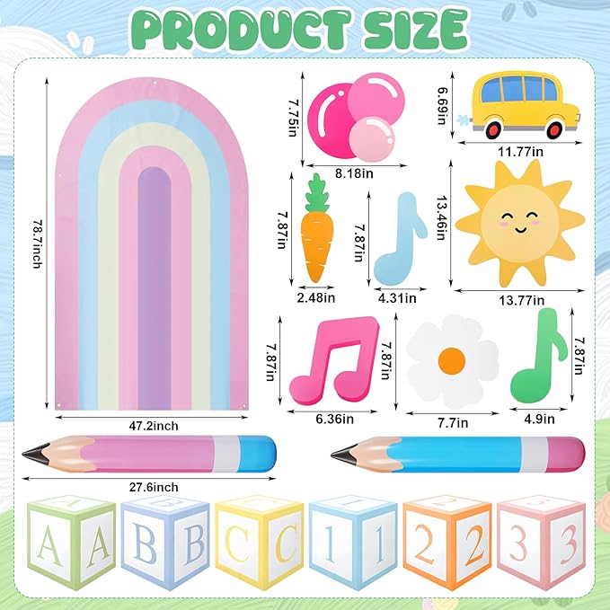 Moukeren 23 Pcs Large English Teacher Party Decor Kit Backdrop, 12 Cutouts, 4 Pencil Balloons 6 ABC Paper Blocks for Cartoon Girls Birthday Party Supplies Cartoon Themed Events