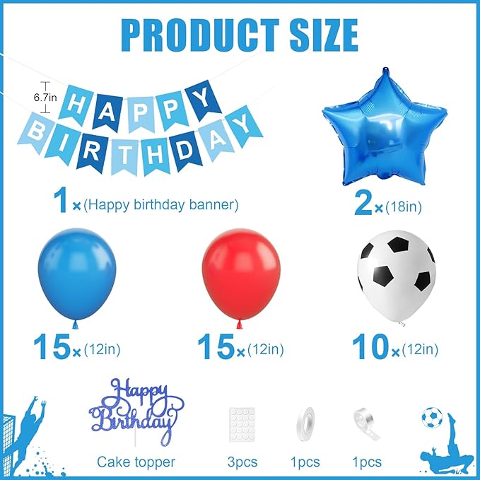 Soccer Birthday Party Decorations, Soccer Party Decorations Supplies with Blue Red Balloons Happy Birthday Banner Cake Toppers 18in Foil Balloon for Boys Girls Sport Theme Party Decor