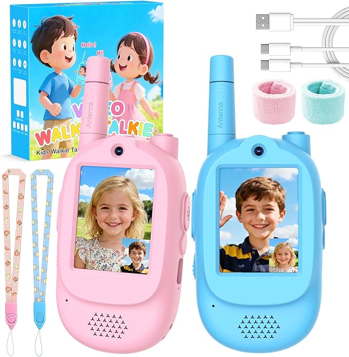 Video Walkie Talkies for Kids, 2 Pack Rechargeable Real-Time Video Chat & Voice Changer Walkies Talkies with Watch Straps, Long Range Family Games, Outside, Gifts for Boys Girls Ages 3-12 Blue&Pink