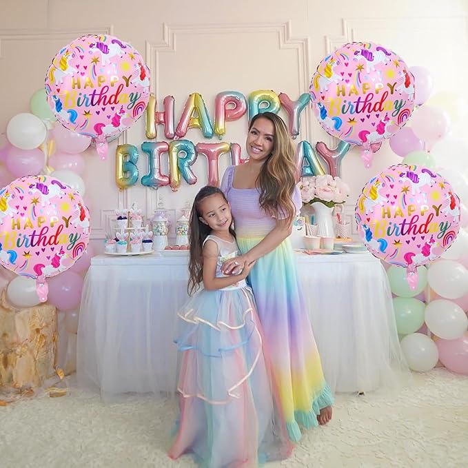 18 Inch Unicorn Balloons for Party Decor, 4PCS Round Rainbow Unicorn Foil Mylar Birthday Balloon for Girls Women Rainbow Themed Baby Shower Cute First unicorn Birthday Party Decorations Supplies