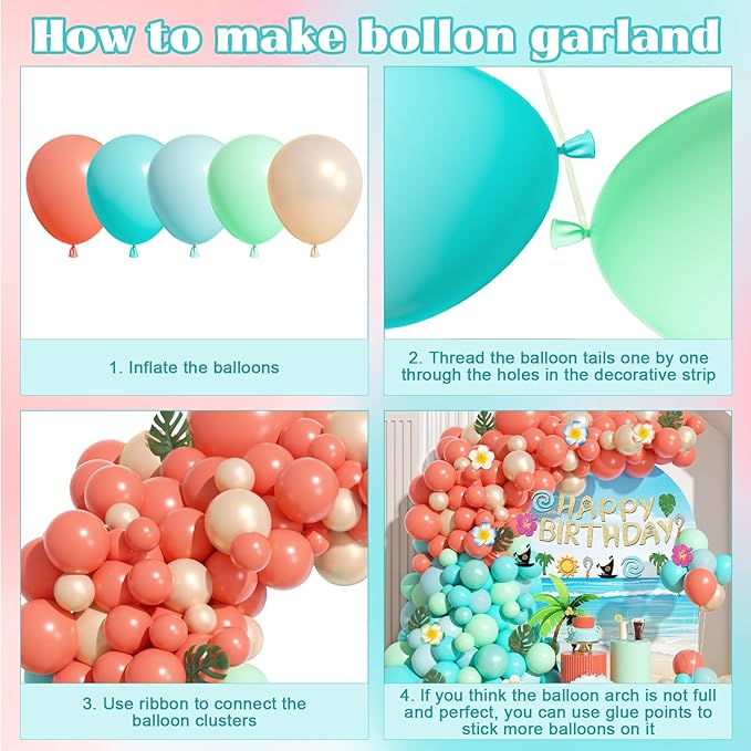Ouddy Life 165Pcs Tropical Birthday Party Decorations, Summer Tropical Balloon Garland Arch Kit Coral Pearl Rose Gold Teal Pastel Blue Artificial Palm Leaves Banner for Hawaii Luau Party Supplies