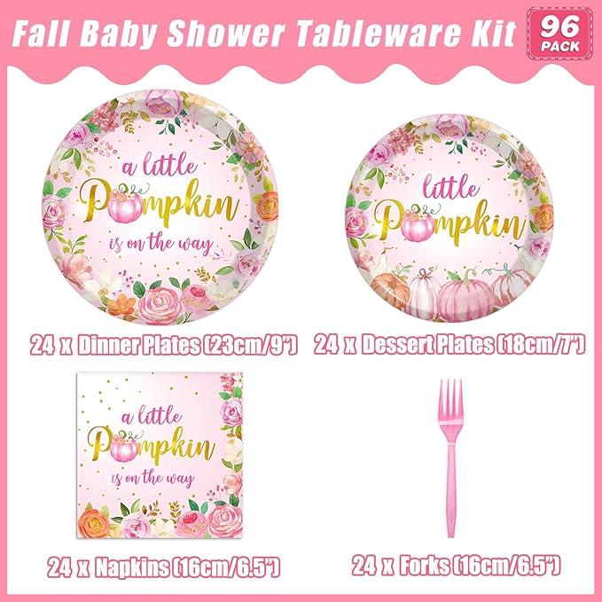 96Pcs Fall Little Pumpkin Baby Shower Plates and Napkins, Autumn A Little Pumpkin is on The Way Party Supplies Decorations Thanksgiving Girl Pink Floral Baby Shower Tableware Kit, Serves 24