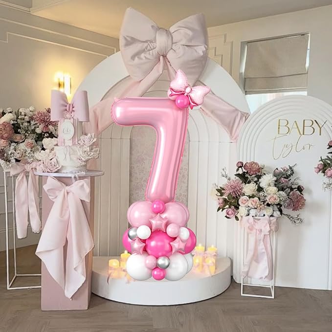 40 Inch Pink Number 7 Balloon for 7th Birthday Decoration Pastel Baby Pink Number Seven Foil Balloon Tower Giant Large Digit Hot Pink White Helium Balloons Stack Stand for Girl Anniversary Party
