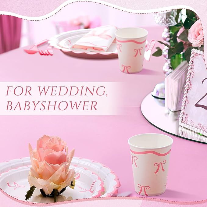 192 Pcs Pink Bow Party Supplies Severs 24 Guests Coquette Birthday Decorations Includes Plates Cups Napkins Tableware Sets for Girl Bachelorette Bridal Engagement