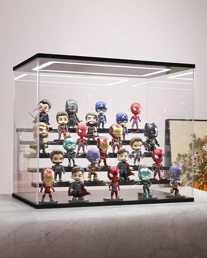 Clear Acrylic Display Case with Light , 6 Tier Display Box Stand Assembly Dustproof Protection Showcase for Collectibles Action Figures (Black 6 Tier L 19.7*12.6*16.5in；50×32×42cm)