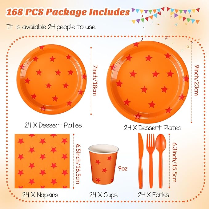 Oudain 170 Pcs Anime Tableware Set Anime Theme Party Supplies 24 Sets Yellow and Red Stars Print Disposable Plates Napkin Cup Fork Knife Spoon Tablecloth for Anime Party Decorations