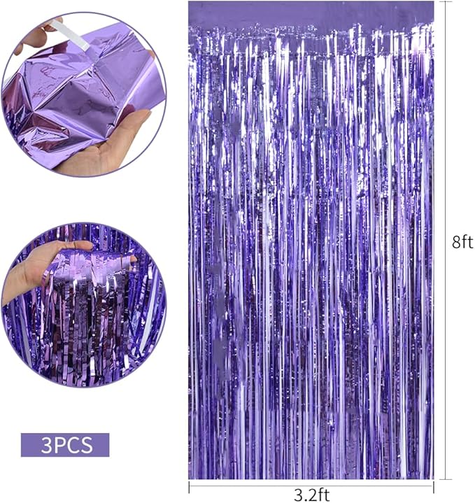 TONIFUL 3Pcs Light Purple Door Streamers Purple Photo Booth Backdrop Metallic Streamers Foil Fringe Curtains for Birthday,Christmas,New Year,Bachelorette,Grad Party Streamers Decor(9.9ft x 6.6ft)