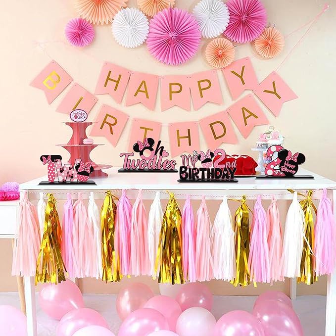 TONIFUL Pink Mouse 2nd Birthday Party Supplies 2nd Table Centerpieces Pink Mouse Theme Design Sturdy Wooden for Girl TWO Years Old Birthday Favors 2nd Birthday Party Decorations(4 Pcs)