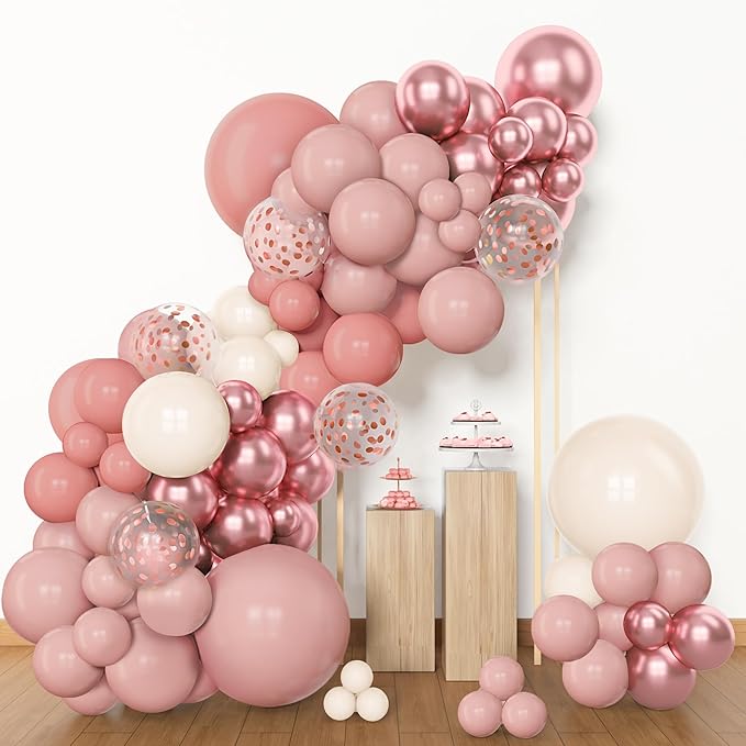 Amandir 153pcs Dusty Pink Balloon Garland Arch Kit, Different Sizes 18 12 10 5 inch Pink White Sand Metallic Confetti Pink Balloons for Valentines Day Bridal Shower Birthday Boho Party Decorations