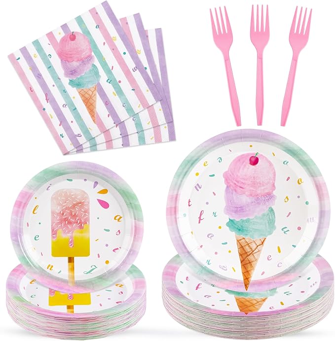 WERNNSAI Ice Cream Party Decorations - 200 PCS Ice Cream Plates Napkins Forks Pink Sweet Themed Birthday Supplies for Kids Girls Birthday Pool Summer Party Serves 50 Guests