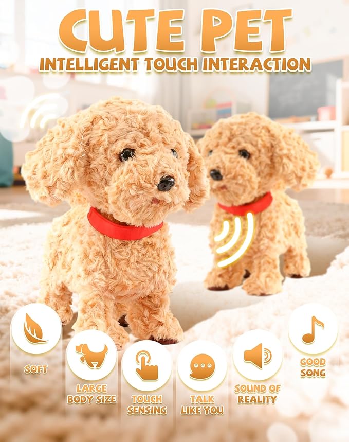 2026 Wuffy Robot Dog, Robotic Puppy Dog Realistic with Touch Sensing, Voice Mimic, Lifelike Sounds, Tongue & Licking Motion, Leash Remote for Kids, Battery Powered (Khaki)