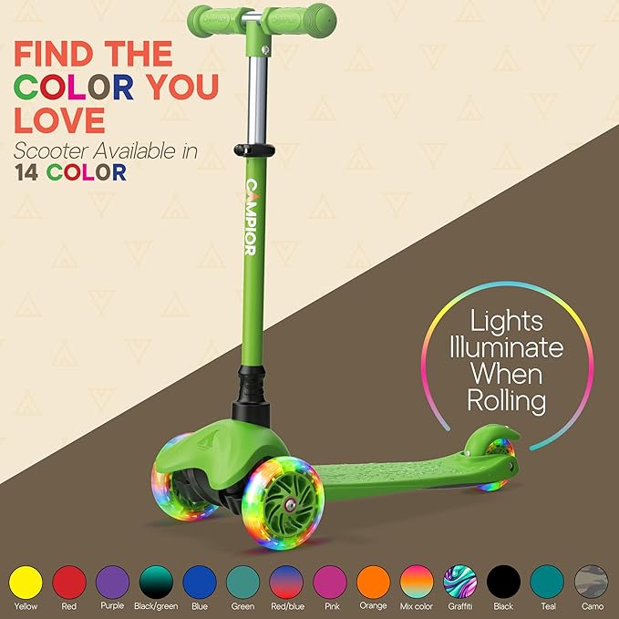 Green Mini 3 Wheel Scooter for Kids – Lean-to-Steer with LED Light-Up Wheels, Adjustable Handlebar, Wide Anti-Slip Deck, Smooth PU Wheels, Rear Foot Brake – Toddler Scooter for Ages 2+