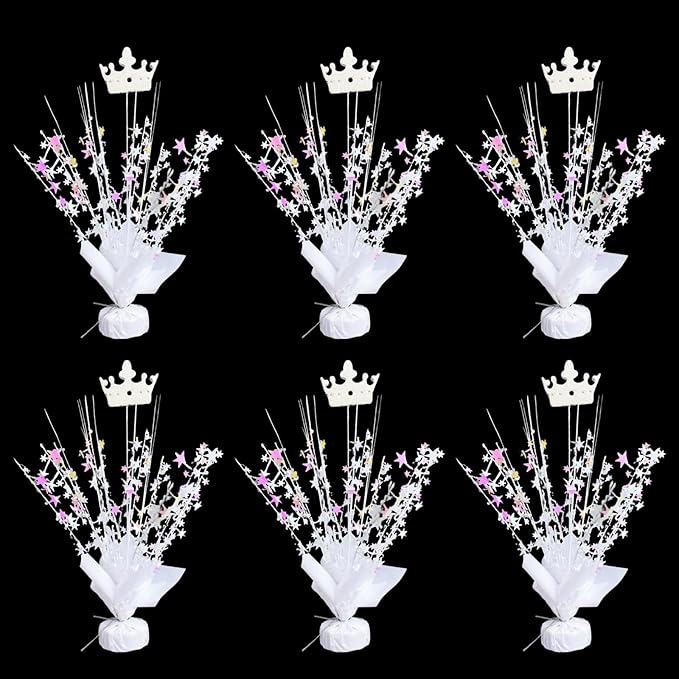 6 Pack Metallic Foil Spray Centerpiece Star Table Decoration Burst Table Centerpieces for Birthday Wedding Anniversary Graduation Holiday Party Supplies Decor (White Crown)
