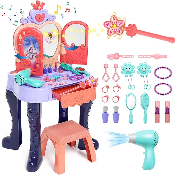 Magic Sensor Toddler Vanity Set with Automatic Opening Mirror, Kids Makeup Table with Induction Light & Music, Real Sound Hair Dryer, Fairy Wand & Accessories, Toy for Girls Age 3 4 5