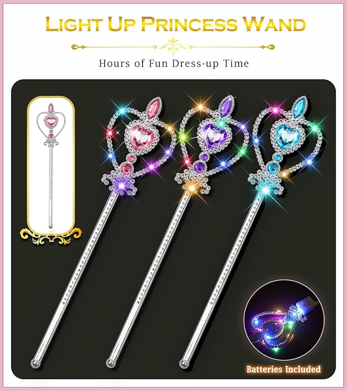 Princess Crown Tiara for Little Girls Princess Dress Up Accessories, Light Up Tiara Wand Toy Gifts for 3-6 Girl