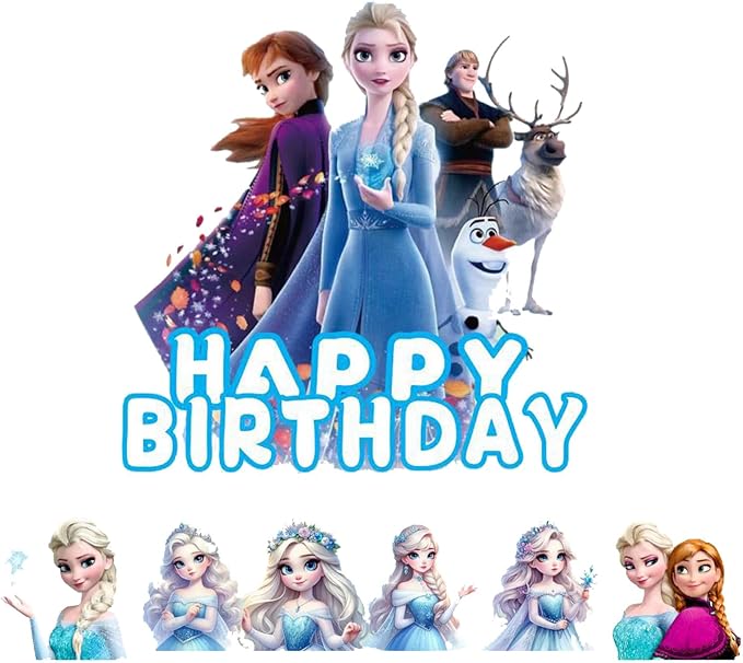 7Pcs Cute Blue Princess Birthday Cake Decorations，1 Large, 6 Small Snow Theme happy Birthday Cake Toppers，For Ice Birthday Party Supplies (A)