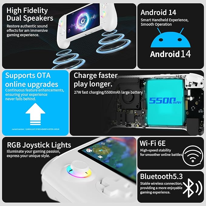 RG557 Retro Handheld Game Console , 5.48 Inch AMOLED Screen Handheld Emulator Android 14 System Dimensity 8300 Processor Support WiFi 6E Bluetooth 5.3(White)